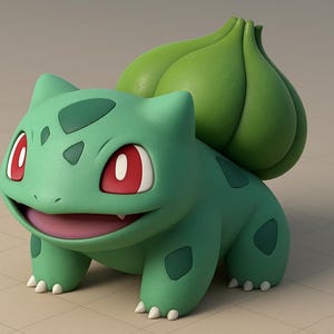 Puede incluir: Figura verde de Bulbasaur con ojos rojos y expresión sonriente. La figura tiene un bulbo verde grande en la espalda y está posada sobre una superficie embaldosada. Personaje popular de la franquicia Pokémon.