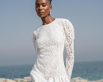【໒꒱】convertible laced dressmini Mini Wedding Dress With Detachable Train: Guipure Lace 2-in-1