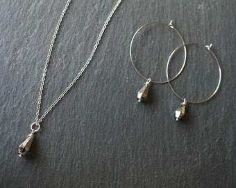 Weathered Silver/Black Dainty Chandelier Teardrop Necklace & Hoop Earrings