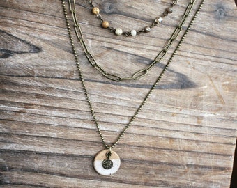 Earthy Neutrals Necklace Stack - Paperclip, Jasper, Ceramic Disc