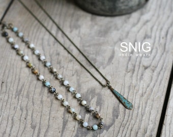 2pc Amazonite Beaded Choker & Patina Teardrop Necklace