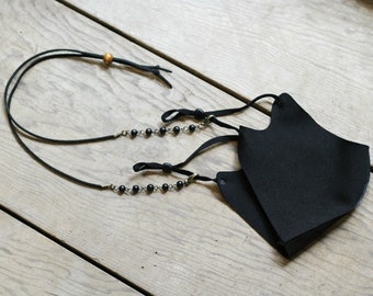 Indie Black Leather & Black Howlite Beaded Lanyard Strap with Clips - Mask or Badge