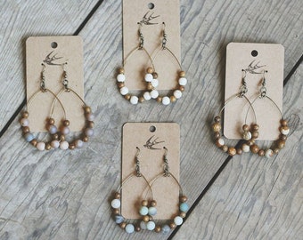 Indie Geo Gemstone/Wood Hoop Earrings - Howlite, Amazonite, Druzy Quartz, Jasper