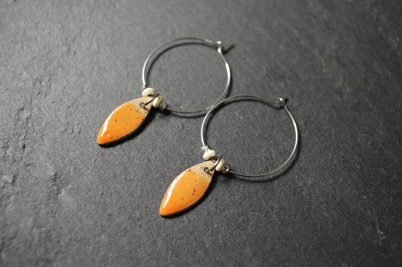 Leather & Orange Glaze Clay Sun Disc Necklace 26 and Teardrop Hoop Earrings image 4