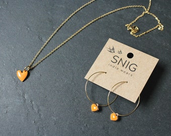 Orange Enamel Heart Gold Necklace & Hoop Earrings