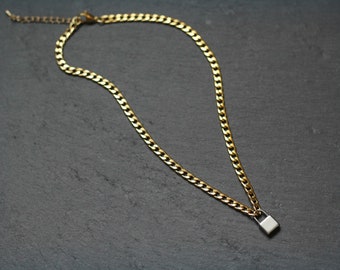 Mixed Metal Gold Silver Curb Chain Lock Necklace