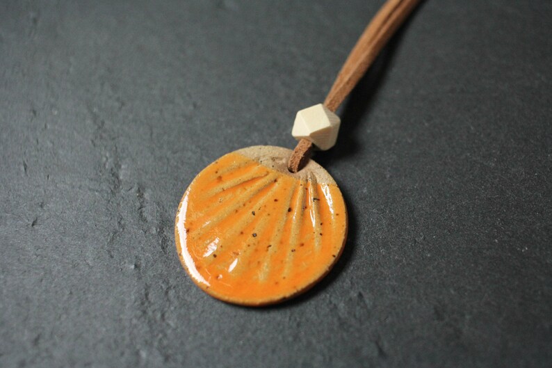Leather & Orange Glaze Clay Sun Disc Necklace 26 and Teardrop Hoop Earrings image 2
