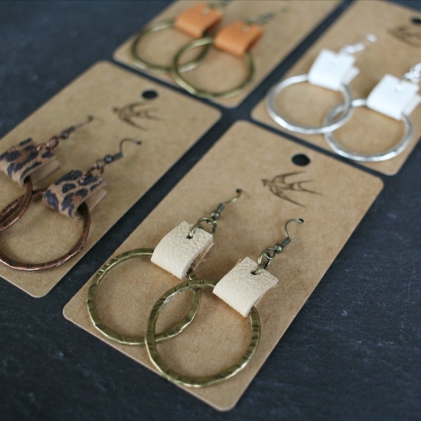 Indie Geo Hammered Leather Tab Hoop Earrings - White, Nude, Camel, Leopard