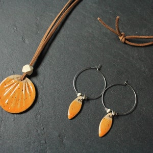 Leather & Orange Glaze Clay Sun Disc Necklace 26 and Teardrop Hoop Earrings image 1