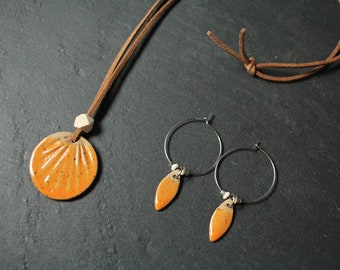 Leather & Orange Glaze Clay Sun Disc Necklace 26" and Teardrop Hoop Earrings