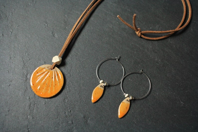 Leather & Orange Glaze Clay Sun Disc Necklace 26 and Teardrop Hoop Earrings image 1