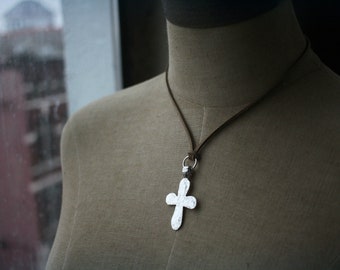 Indie Silver Hammered Cross Leather Necklace 16-18”