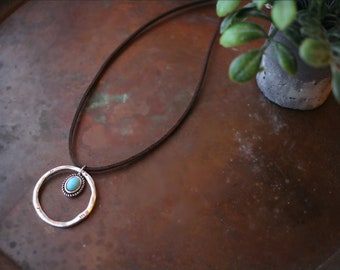 Indie Silver Hammered Hoop / Turquoise Leather Necklace