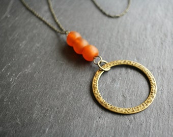 Long Indie Recycled Glass Bead and Hammered Hoop Necklace - Orange