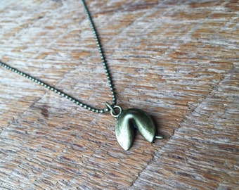Dainty Indie Antiqued Brass Fortune Cookie Charm Necklace