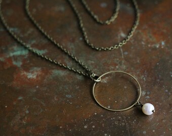 Minimal Long Indie Freshwater Pearl Hoop Necklace - Antique Gold/Bronze