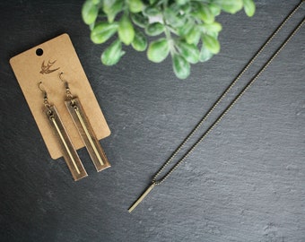 Dainty Indie Bronze Vertical Bar Necklace & Vertical Leather/Metal Bar Earrings