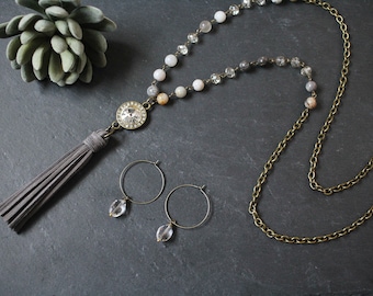 Long Neutral Greige Beaded Chain Necklace with Grey Tassel 32" and Bead Dangle Hoop Earrings