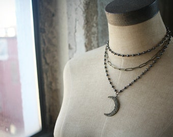 Earthy Bling Moon Necklace Stack - Paperclip Choker, Bronze Bead Choker, Bronze Bead Moon Necklace