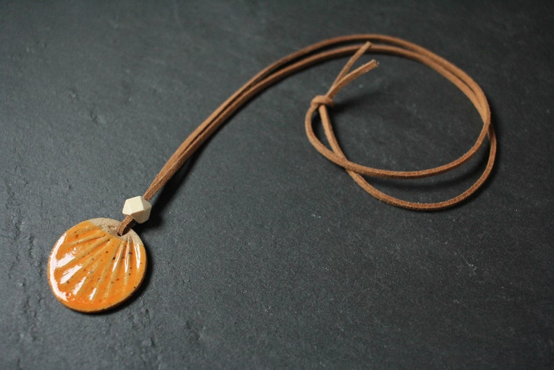 Leather & Orange Glaze Clay Sun Disc Necklace 26 and Teardrop Hoop Earrings image 3