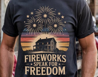 Patriotic T-Shirt Fireworks Speak for Freedom Vintage 4th of July Shirt USA Independence Day Tee, Gift for Him Dad, Unisex Cotton T-Shirt