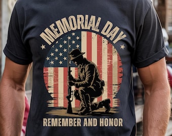 Camiseta de soldado patriótico arrodillado: Día de los Caídos con la bandera estadounidense vintage