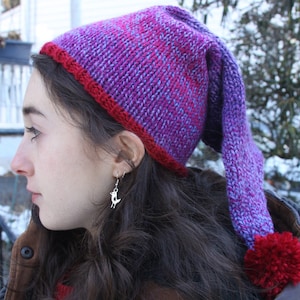 Long Tail Pixie/Long Stocking Cap with Pompom. Hand Knit. Popping purples. Wool blend.