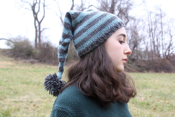 Long Tail Pixie Hat/stocking Cap With Pompom. Aqua Blue/heather