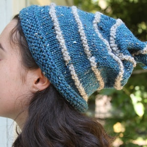 Striped Hand knit, Slouch Pixie Beanie in Wool/Tweed. Blue