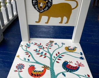 Hand Painted Folk Art Wooden Children's Kid's Chair - Lion