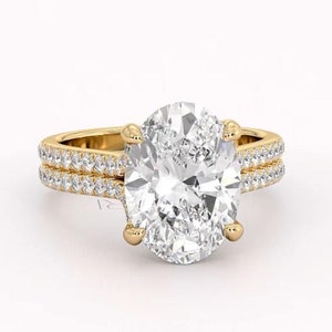 4 Carat Oval Lab Grown Diamond Ring / Two Rows Diamond Pave Double Band/ 4 CT Oval VS1-E IGI Certified / Oval Engagement Ring