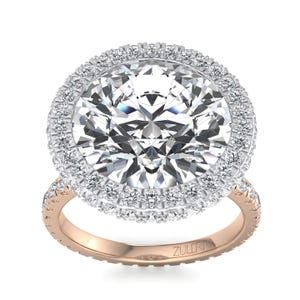 5 Carat Round Lab Grown Diamond Halo Ring: 14k Gold Pavé Band