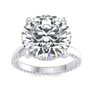 5 Carat Round Lab Grown Diamond Engagement Ring: Pave Band, Hidden Halo