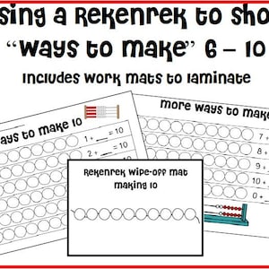May include: Black and white printable worksheet with a Rekenrek wipe-off mat for teaching kids how to make 10. The worksheet includes a grid of circles and equations for adding numbers to make 10. The Rekenrek mat shows a row of 10 beads.