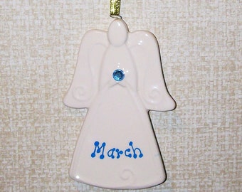 March Birthstone Angel Ornament - Baby Gift, Baptism, Birthday Gift, Religious Ornament, Porcelain Angel, Guardian Angel, March Birthday