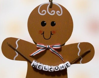 Custom Gingerbread Decor, Personalized Sign, Wooden Gingerbread Man, Welcome Sign, Gingerbread Lover, Farmhouse Decor, Wreath Sign