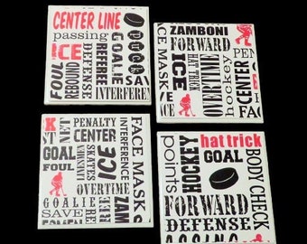 Hockey Drink Coasters, Sports Gift for Him, Guys, Fan, Coach, Coach's Wife, Player, Mom, Dad, Den, Man Cave, Game Room, Decoration, Set of 4