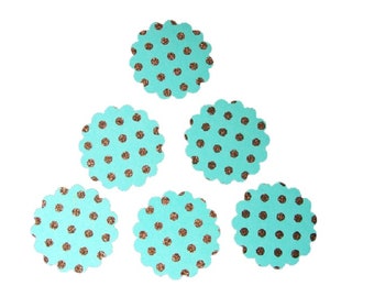 Scalloped Round Teal Gift Tag with Copper Glitter (Set of 6), Thank You Tags, Price Tags, Tag for Favors, Scrapbooking, Labeling, Crafting