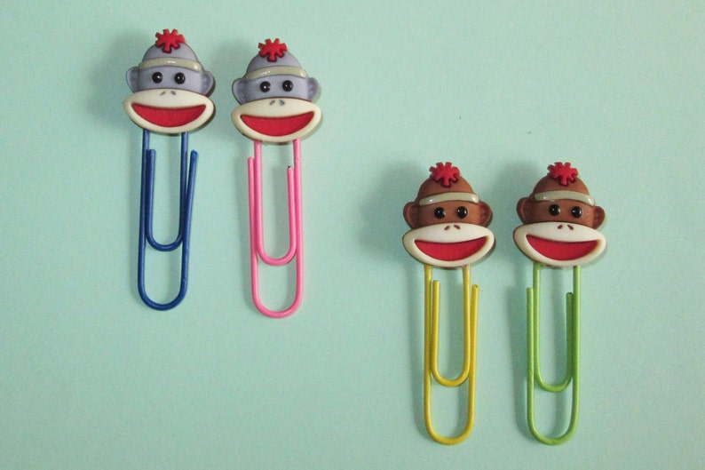 Sock Monkey Bookmarks, Sock Monkey Paper Clips for Planners, Organizers, Filofax, Kids, Bookmarks, Monkey Party Favor, Fun Office Supply image 2