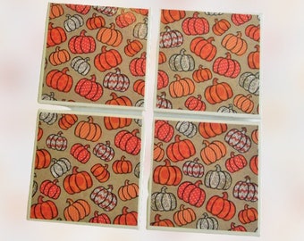 Country Rustic Pumpkin Coasters, Fall, Autumn, Harvest, Halloween, Thanksgiving Decor, Ceramic Beverage Drink Coasters, Fall Decor- Set of 4