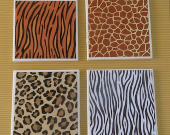 4 Wild Animal Coasters, Safari Pattern, Zebra, Tiger, Giraffe, African, Jungle Animal Prints, Drink Coasters, Den, Bar Decor, Gifts Under 20