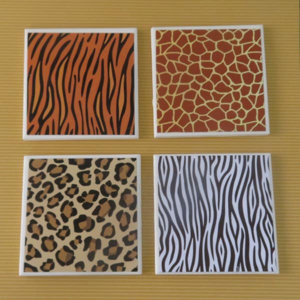 4 Wild Animal Coasters, Safari Pattern, Zebra, Tiger, Giraffe, African, Jungle Animal Prints, Drink Coasters, Den, Bar Decor, Gifts Under 20