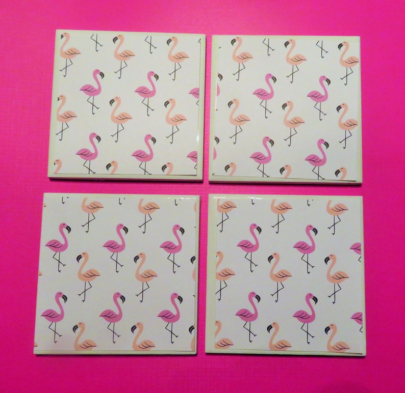 4 Pink Flamingo Coasters, Bird Lover Gift, Gifts for Her, Tropical Coasters, Gift for Mom, Grandma, Birthday, Mother's Day Gift, New Home image 1