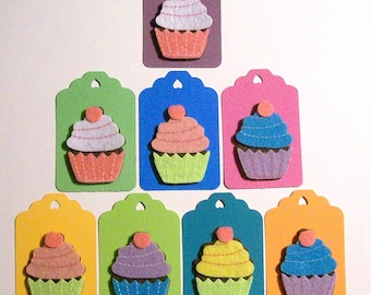 8 Cupcake Tags, Colorful Hand Punched Tags for Birthday, Gifts, Cards, Party, Favors, Scrapbooking, Baked Goods, Pre-Strung, Unpunched