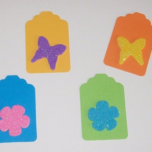 Butterfly, Flower Tags, Blank Spring, Summer Gift Tags, Floral Birthday Gift Tag, Party Favor Tags, Bright Multi Colored Glitter Tags, 4/Set Butterfly & Flower