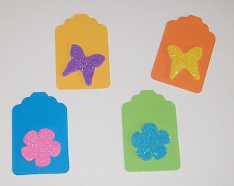 Butterfly, Flower Tags, Blank Spring, Summer Gift Tags, Floral Birthday Gift Tag, Party Favor Tags, Bright Multi Colored Glitter Tags, 4/Set