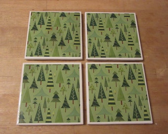 Woodland Coasters, Rustic, Outdoors, Camping, Pine Tree, Cabin, Forest, Tree, Christmas, Lodge Decor, Set of 4, Ceramic Tile Drink Coasters