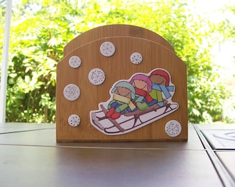 Christmas Napkin Holder, Winter Table Decor, Wooden Napkin Holder, Christmas Card Holder, Mail Holder, Sled Riding Kids, Cute Napkin Holder