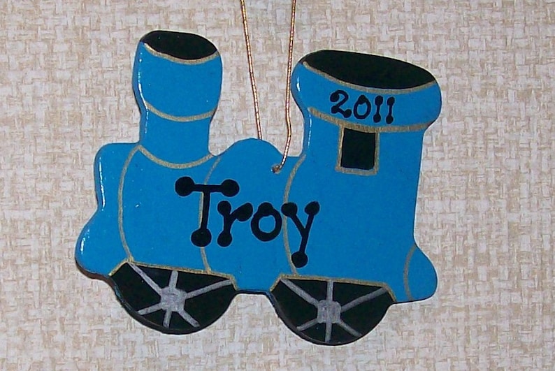 Personalisierte Holz-Zug-Ornament, Weihnachtsbaum-Dekoration, junge Partei gefallen, Geschenk für Klassenkameraden, Zug Geburtstagsparty, Kind Ornament Calypso Blue (shown)