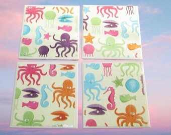 4 Sea Life Coasters, Marine Animals, Coastal Barware, Ocean Creatures, Octopus, Clam, Sea Horse, Fish, Pool, Patio, Decor, Summer Gift